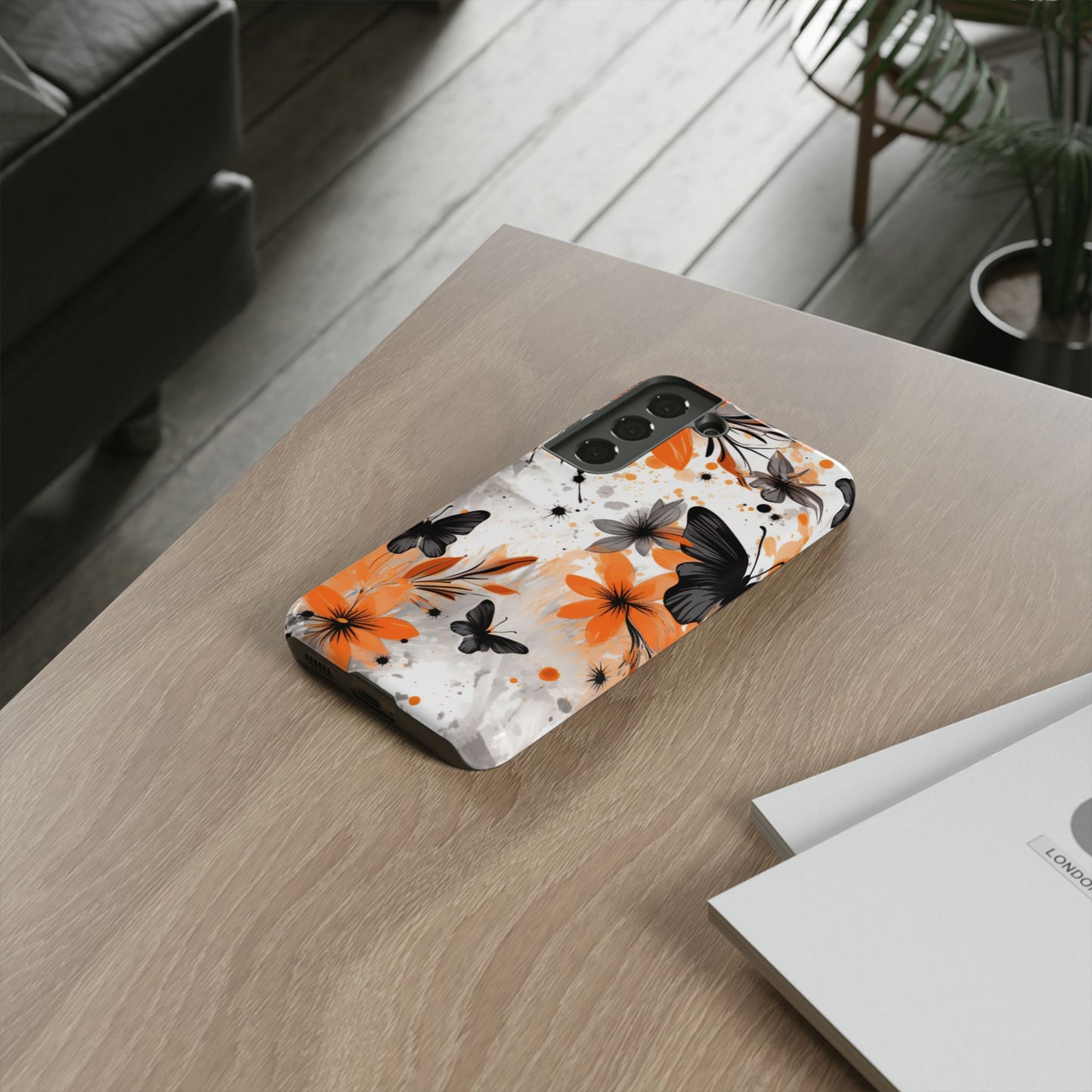 Orange Blossom & Black Butterfly Samsung Galaxy Case – Bold Floral Pattern with Modern Abstract Style