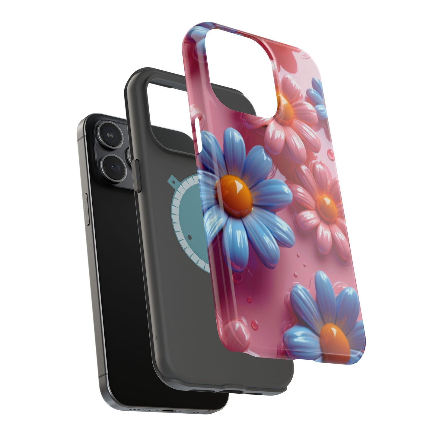 Pastel Daisy 3D MagSafe iPhone Case – Glossy Pink and Blue Floral Design, Full Protection