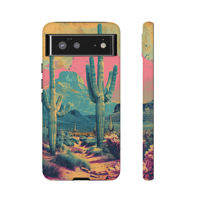 Desert Oasis Retro Cactus Phone Case - Vibrant Sunset Landscape for iPhone 15/14/13/12, Samsung S24/S23/S22/S21, & Google Pixel