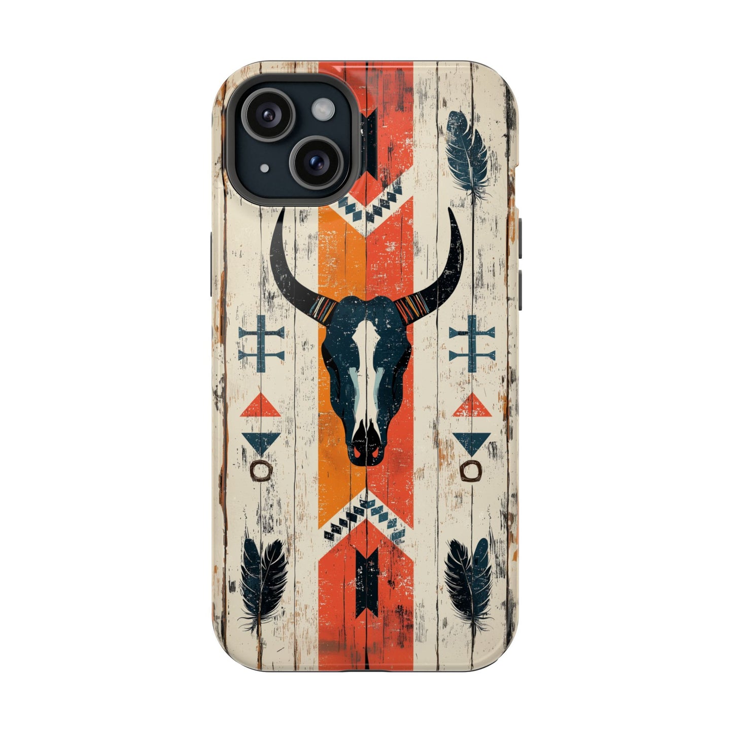 Rustic Western Bull Skull Tough MagSafe iPhone Case – Distressed Wood Design, Dual-Layer Protection