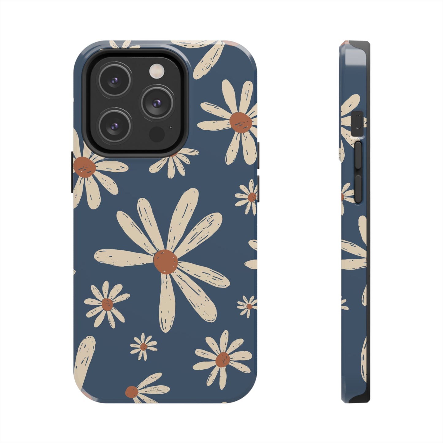 Vintage Daisies iPhone Case – Navy Blue Floral Design, Scratch - Resistant with Shock - Absorbing Bumper - BOGO Cases