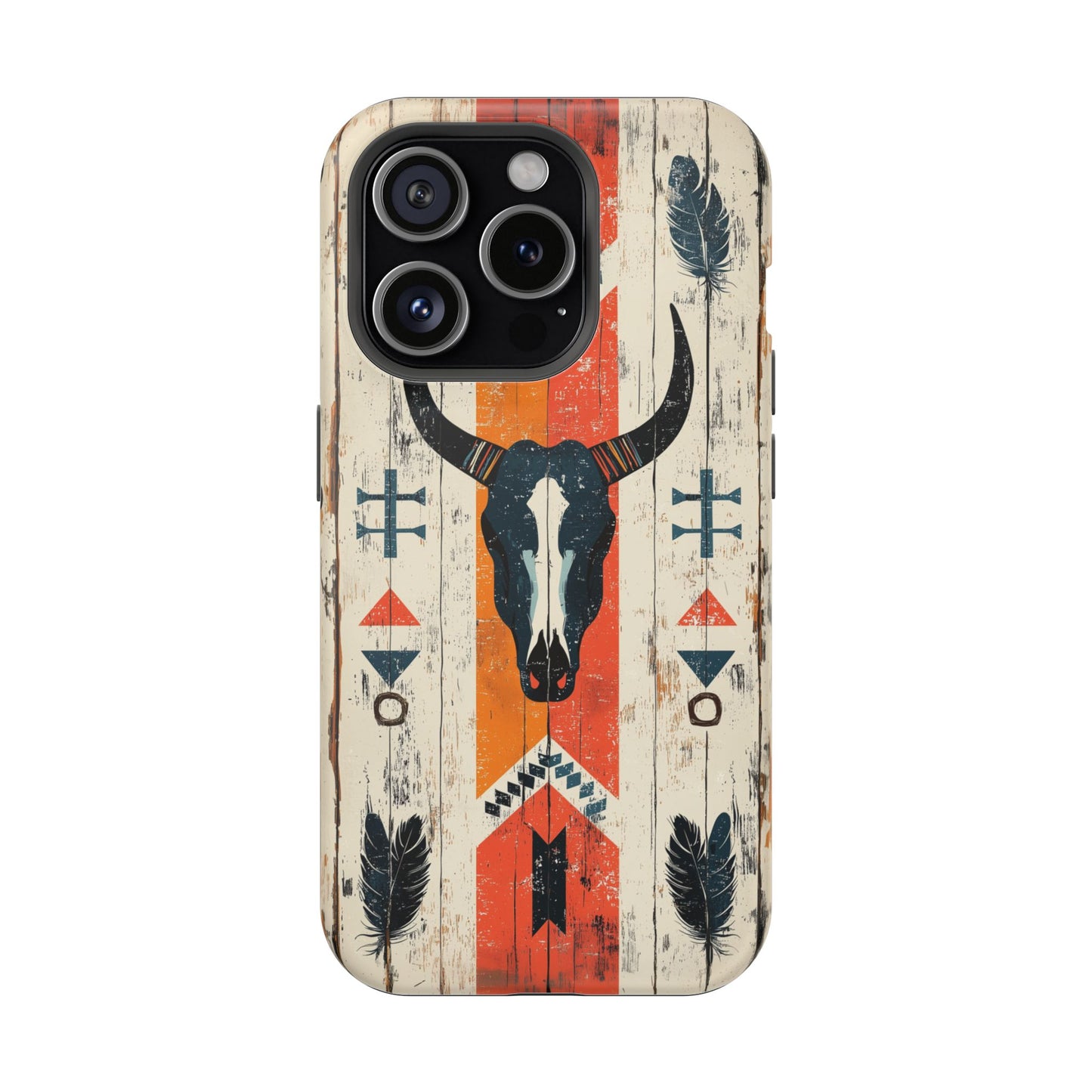 Rustic Western Bull Skull Tough MagSafe iPhone Case – Distressed Wood Design, Dual-Layer Protection