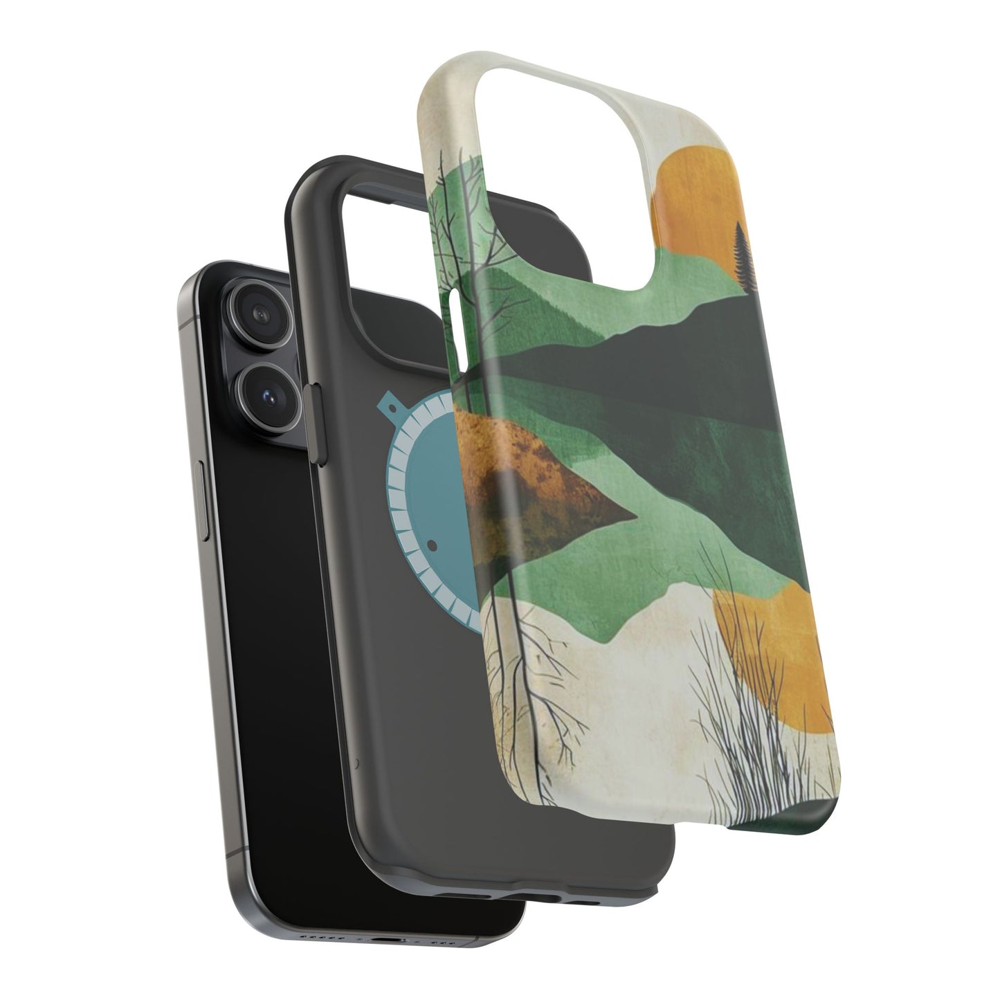 Retro Mountain Sunrise MagSafe iPhone Case – Minimalist Landscape Design, Dual-Layer Protection