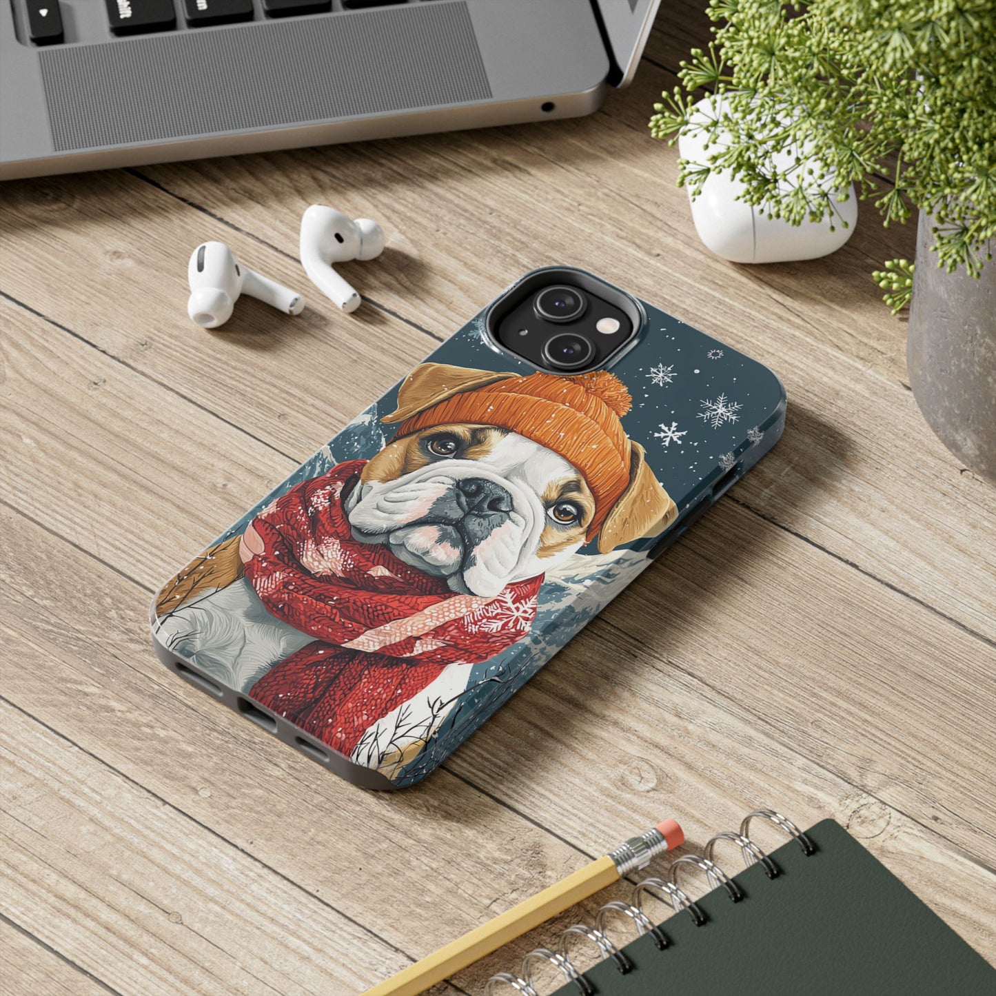 Cozy French Bulldog iPhone Case – Rustic Fireplace Protective Cover