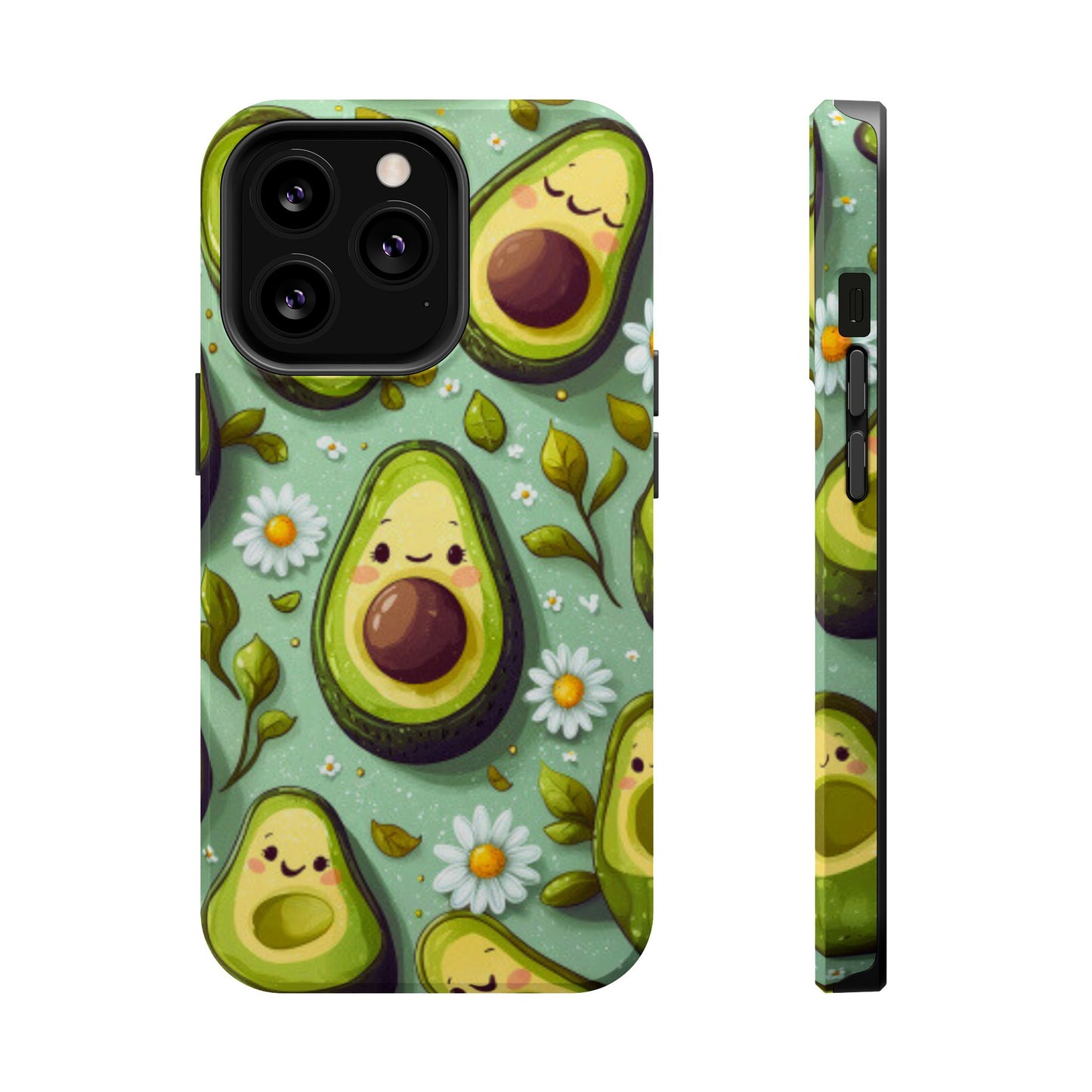 Cute Avocado MagSafe iPhone Case – Adorable Kawaii Avocados with Daisies, Shock-Resistant