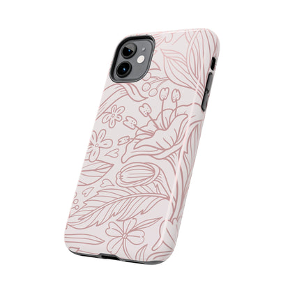 Blush Floral Line Art Tough iPhone Case – Delicate Minimalist Design with Dual-Layer Protection