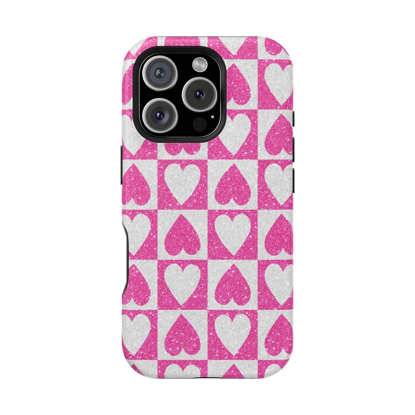 Pink Glitter Heart Checkered Pattern MagSafe Case