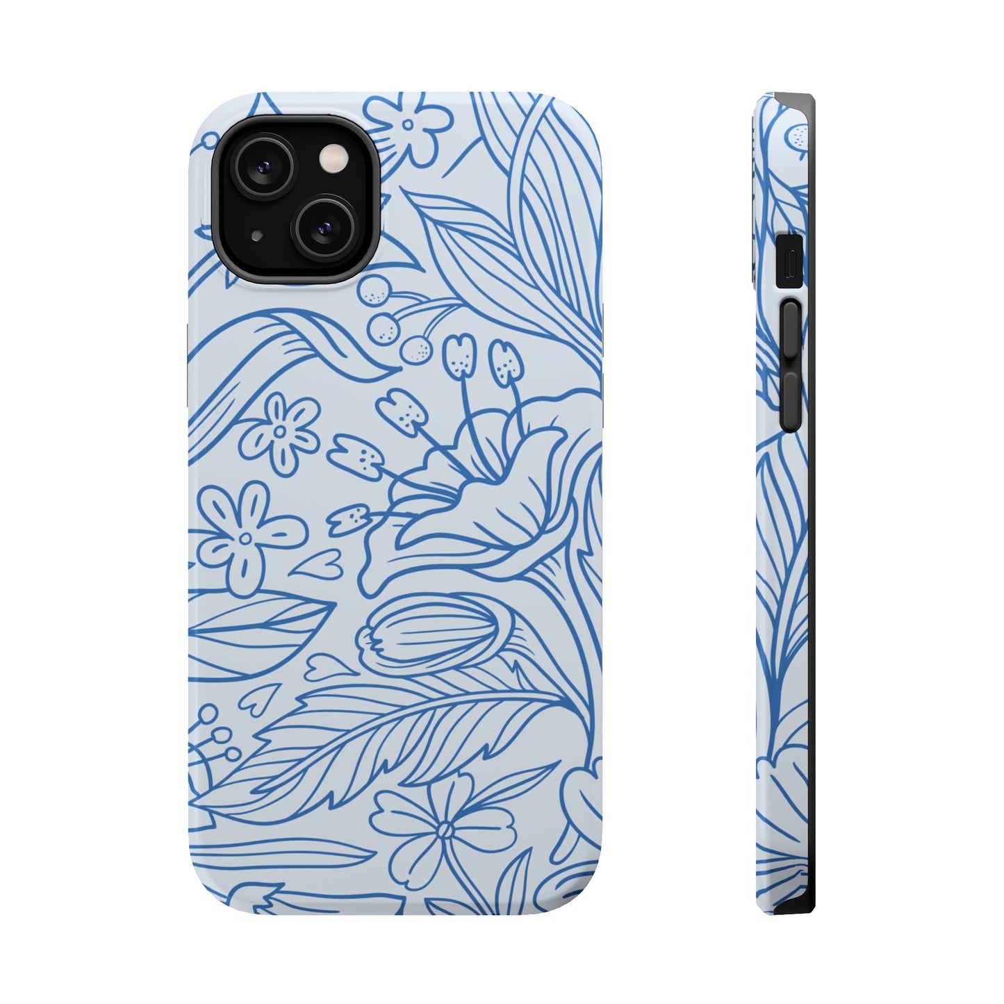 Dusty Blue Floral Line Art Tough MagSafe iPhone Case – Minimalist Botanical Design with Dual-Layer Protection