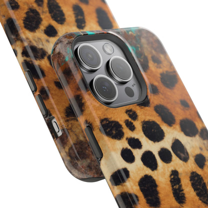 Rustic Leopard Print Tough MagSafe iPhone Case – Distressed Turquoise and Animal Pattern with Dual-Layer Protection