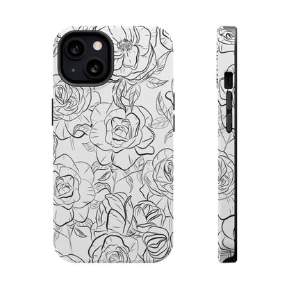 Monochrome Rose Garden Tough MagSafe iPhone Case – Elegant Floral Line Art with Dual-Layer Protection