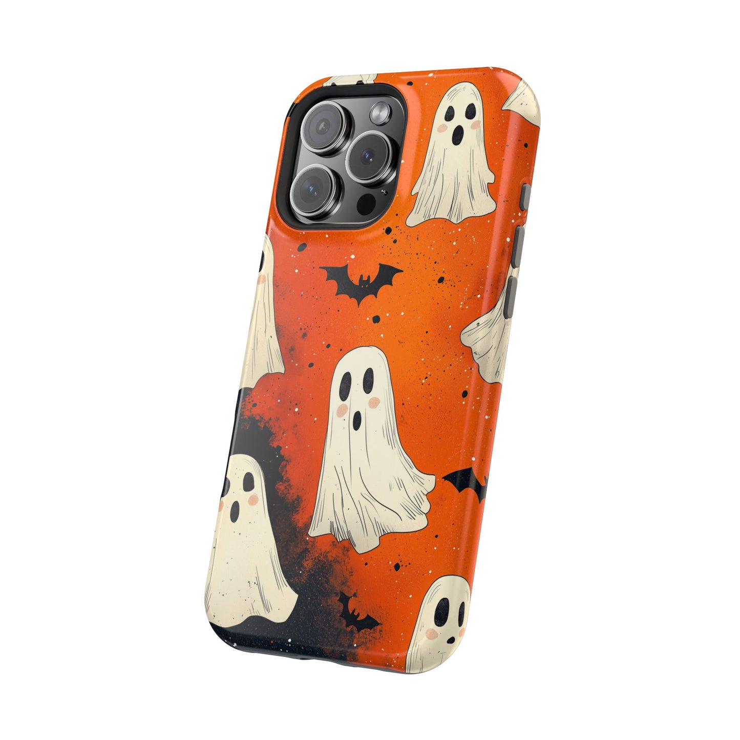 Spooky Ghosts & Bats  MagSafe iPhone Case – Vibrant Orange Halloween Design