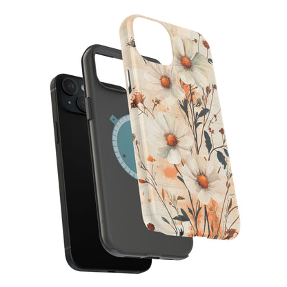 Pastel Orange Floral MagSafe iPhone Case - Elegant Plaid Protective Cover