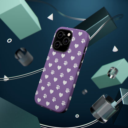 Lavender Paw Prints & Hearts Design - Adorable Pet Lover MagSafe iPhone Case