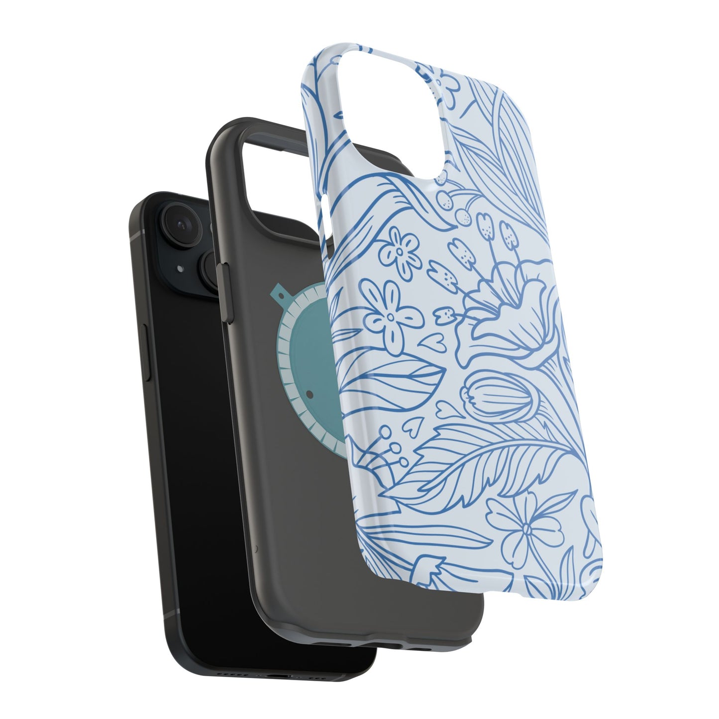 Dusty Blue Floral Line Art Tough MagSafe iPhone Case – Minimalist Botanical Design with Dual-Layer Protection