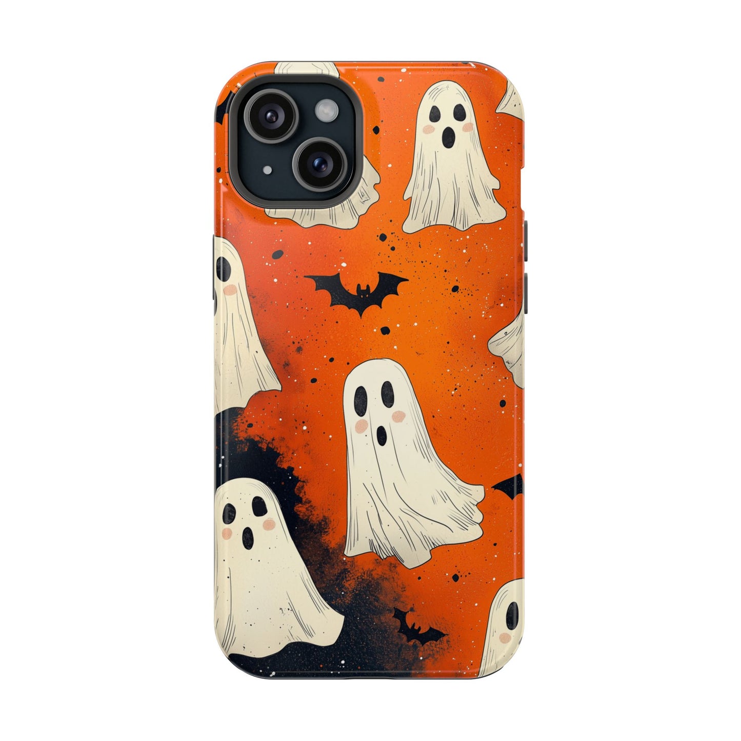 Spooky Ghosts & Bats  MagSafe iPhone Case – Vibrant Orange Halloween Design