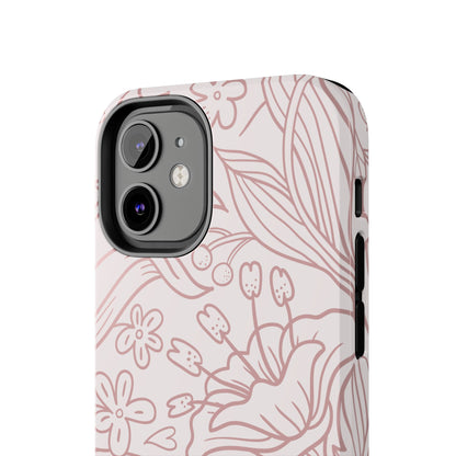 Blush Floral Line Art Tough iPhone Case – Delicate Minimalist Design with Dual-Layer Protection