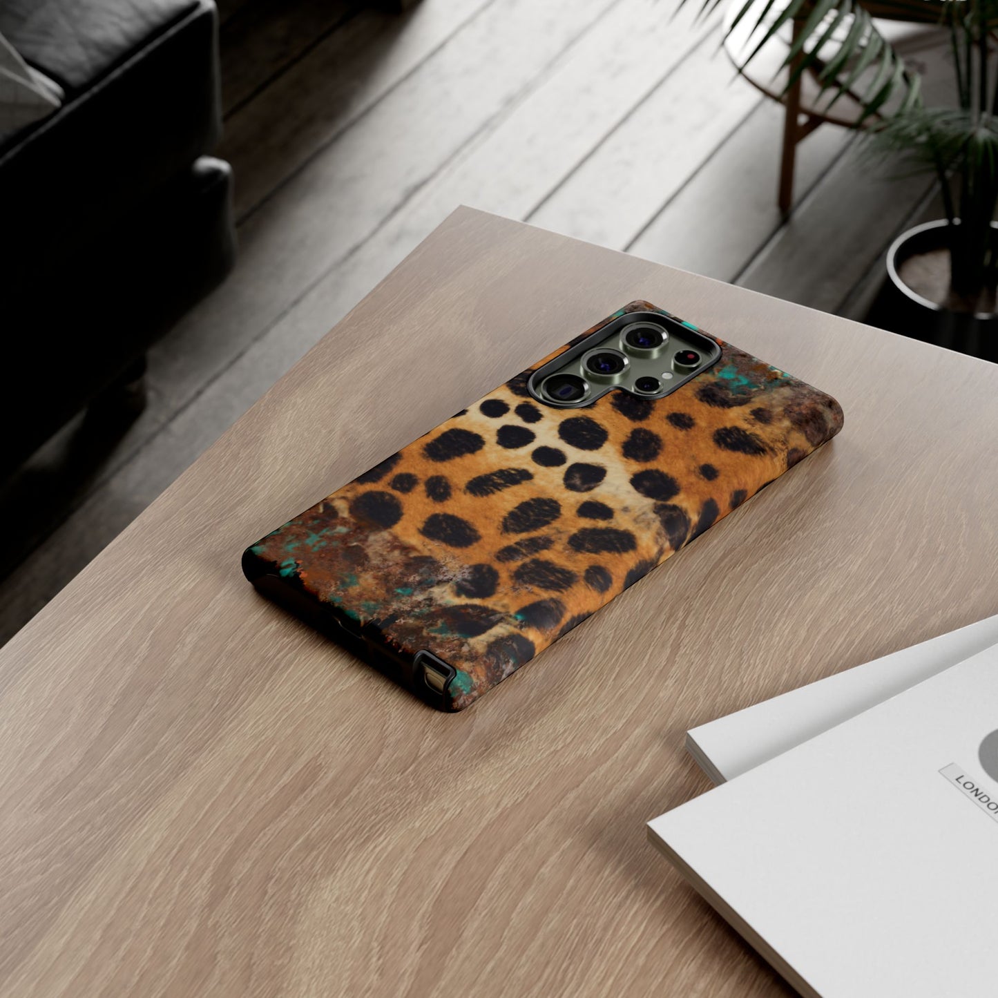 Rustic Leopard Print Tough Samsung Galaxy Case – Distressed Turquoise and Animal Pattern with Dual-Layer Protection