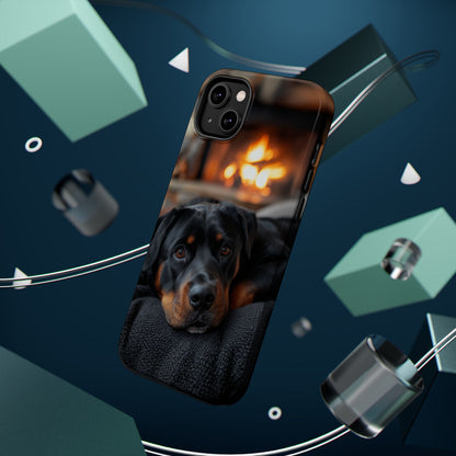 Charming Rottweiler by the Fireplace MagSafe iPhone Case – Cozy & Functional Design