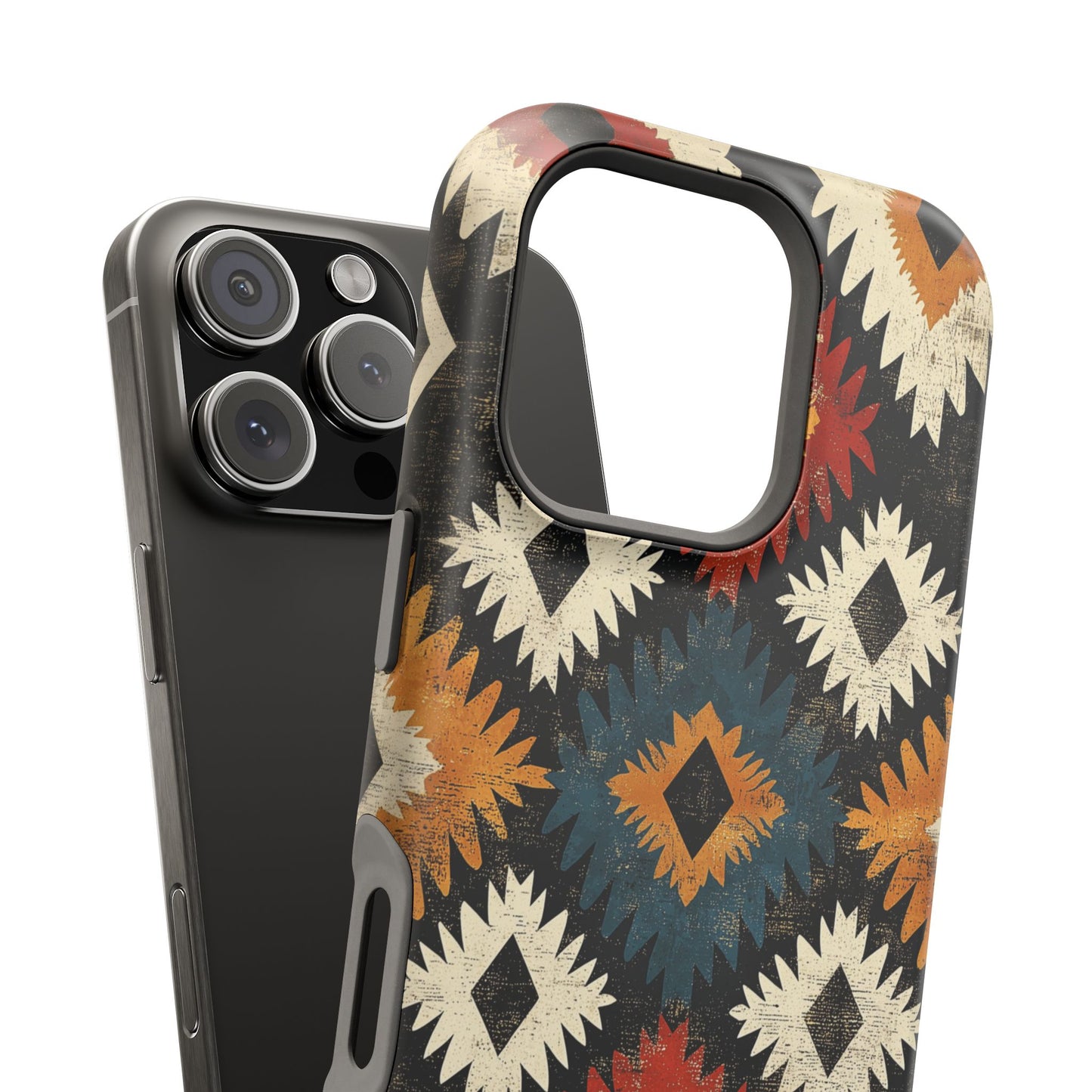 Rustic Tribal Sunburst Tough MagSafe iPhone Case – Vibrant Geometric Design, Dual-Layer Protection