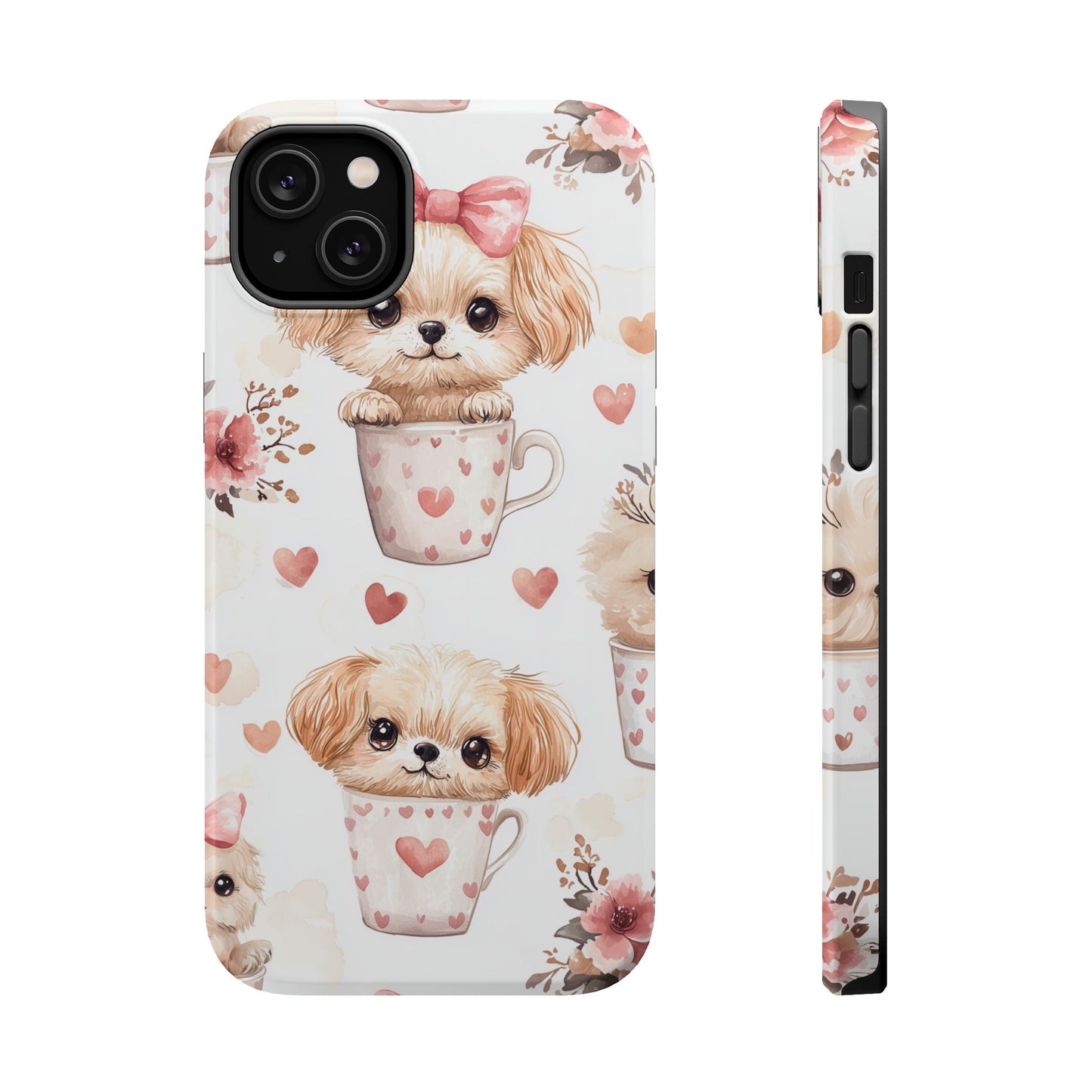 Cute Puppies in Heart MagSafe iPhone Case – Adorable Dog & Floral Design, Shockproof & Slim