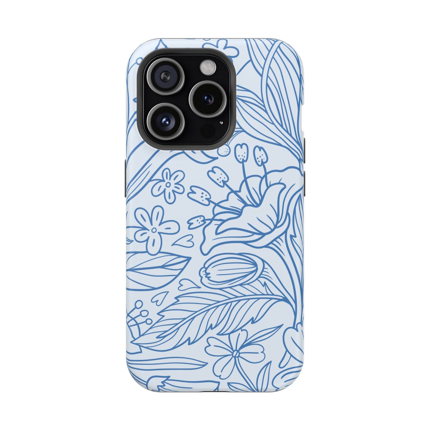 Dusty Blue Floral Line Art Tough MagSafe iPhone Case – Minimalist Botanical Design with Dual-Layer Protection