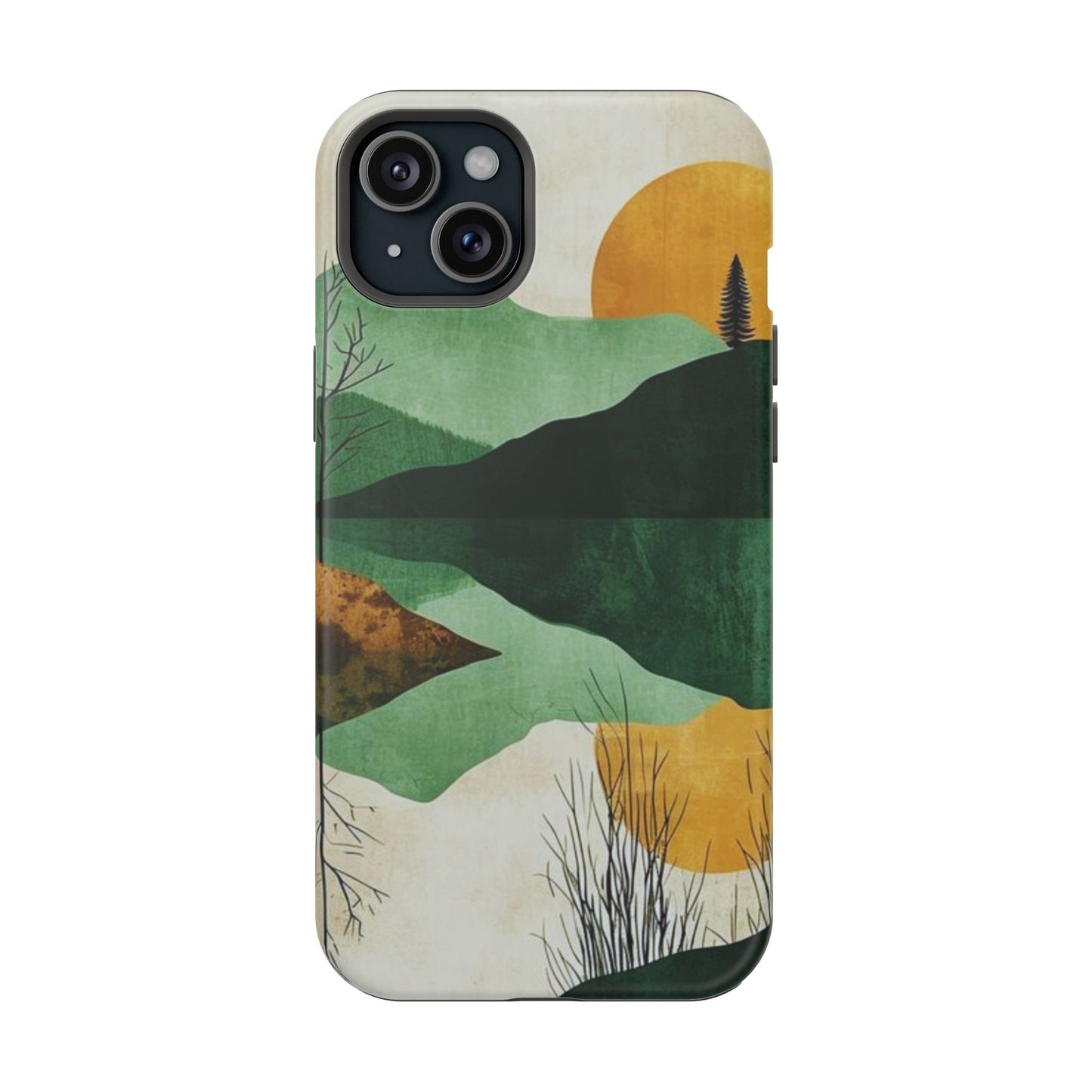 Retro Mountain Sunrise MagSafe iPhone Case – Minimalist Landscape Design, Dual-Layer Protection