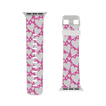 Pink and Silver Glitter Heart Pattern Apple Watch Band