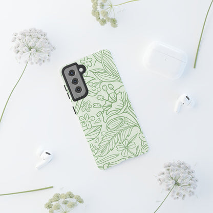 Sage Green Floral Line Art Tough Samsung Galaxy Case – Minimalist Botanical Design with Dual-Layer Protection