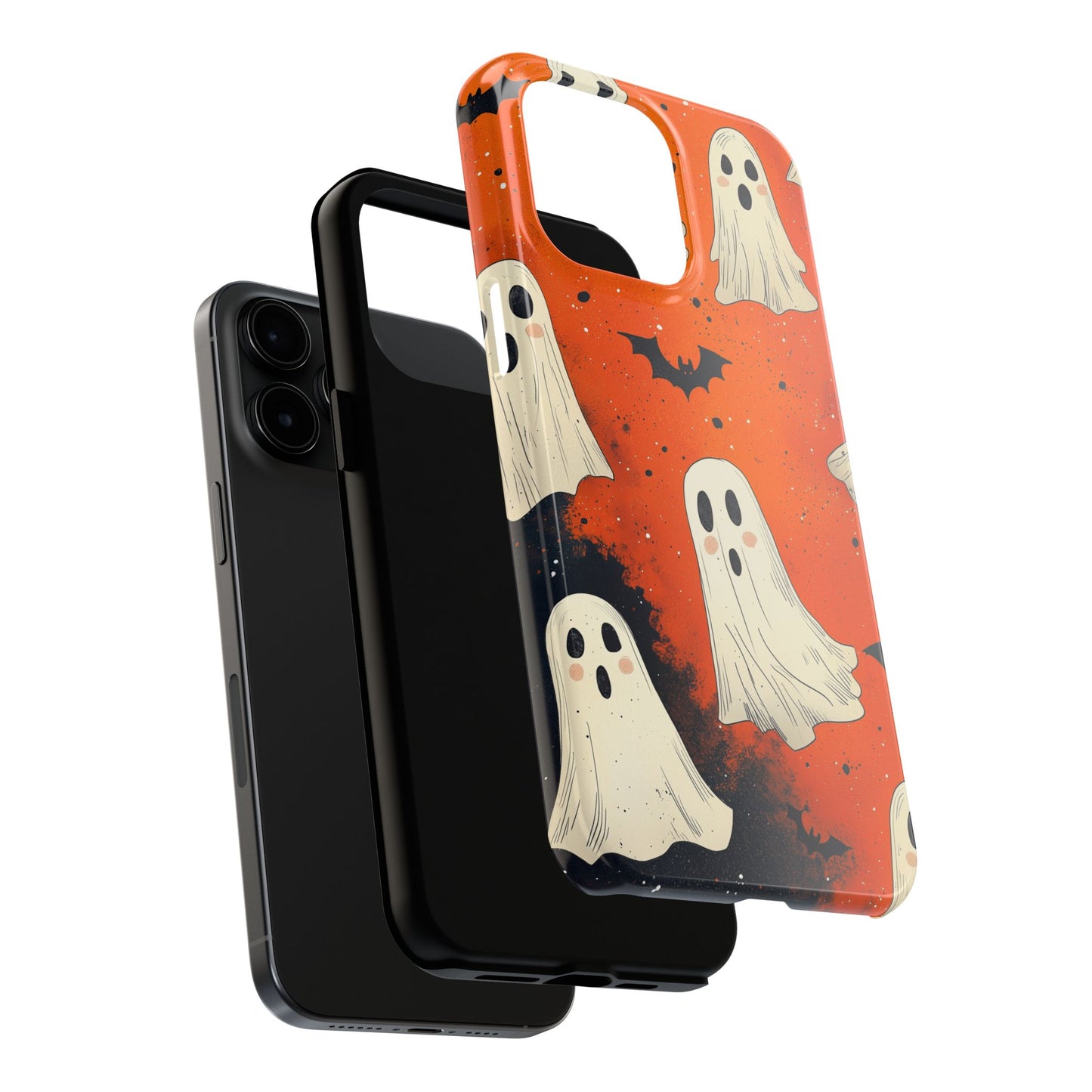 Spooky Ghosts & Bats iPhone Case – Vibrant Orange Halloween Design