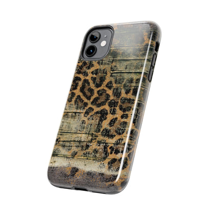 Rustic Wood and Leopard Print Tough iPhone Case – Distressed Western Design with Dual-Layer Protection