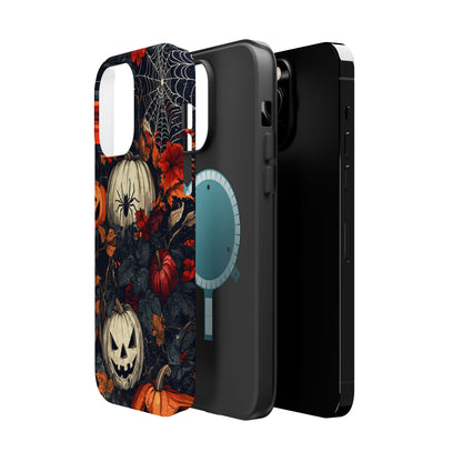 Hauntingly Elegant Halloween MagSafe iPhone Case – Pumpkins, Spiders, and Autumn Leaves Design