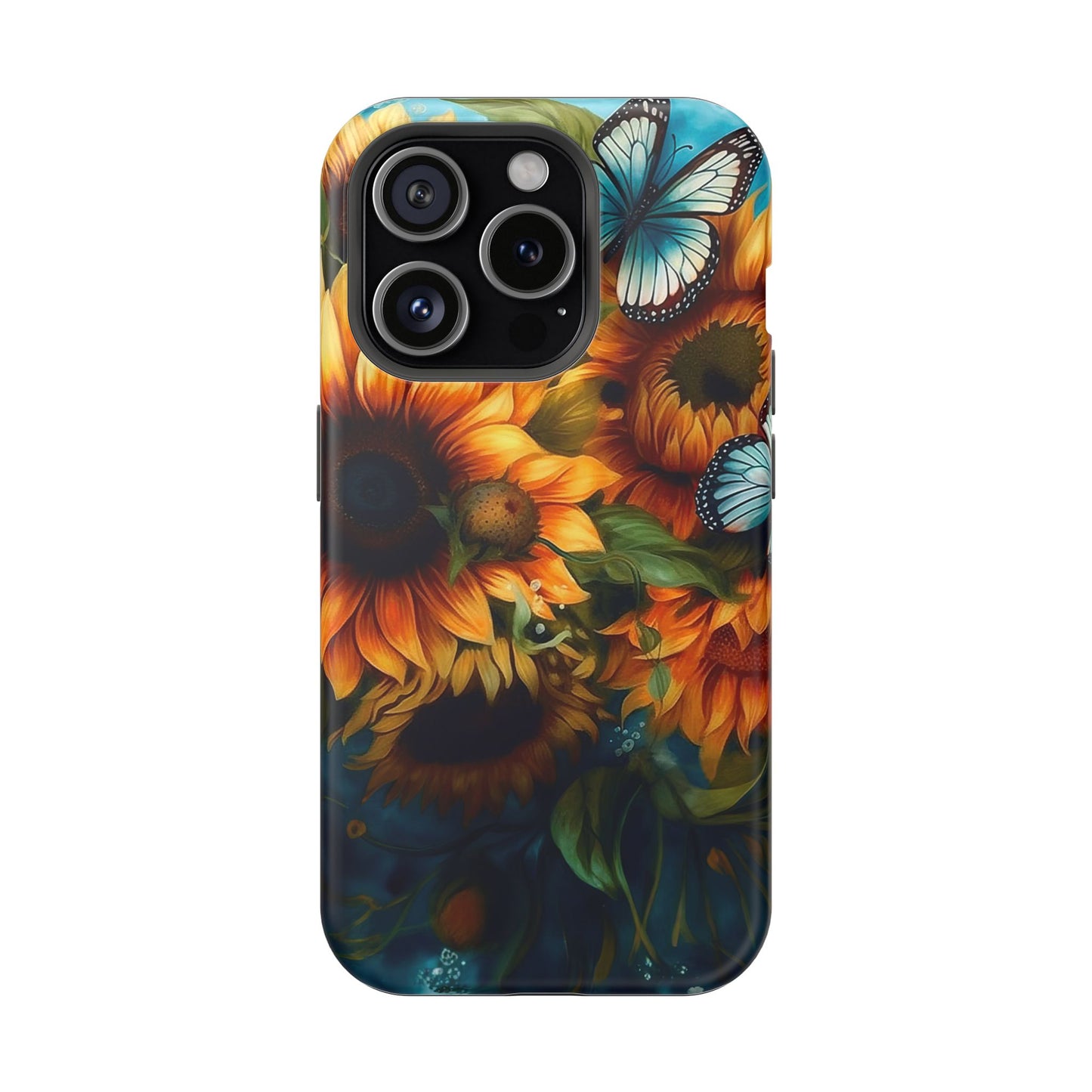 Aqua Blue Butterfly & Sunflower Art – MagSafe iPhone Case