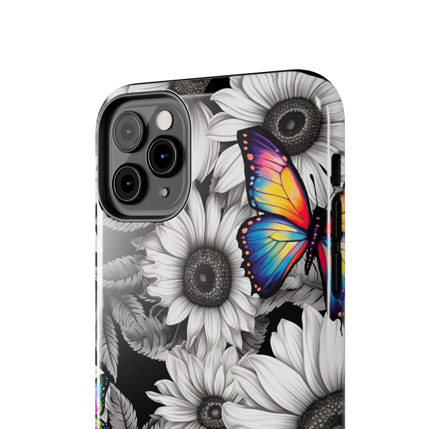 Rainbow Butterflies & Monochrome Sunflowers – iPhone Case