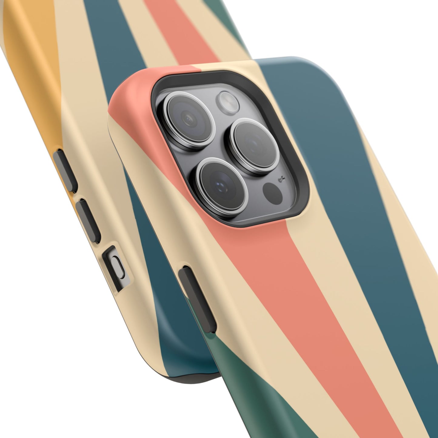 Retro Sunbeam MagSafe iPhone Case – 70s-Inspired Radiating Stripes in Coral, Teal, and Mustard