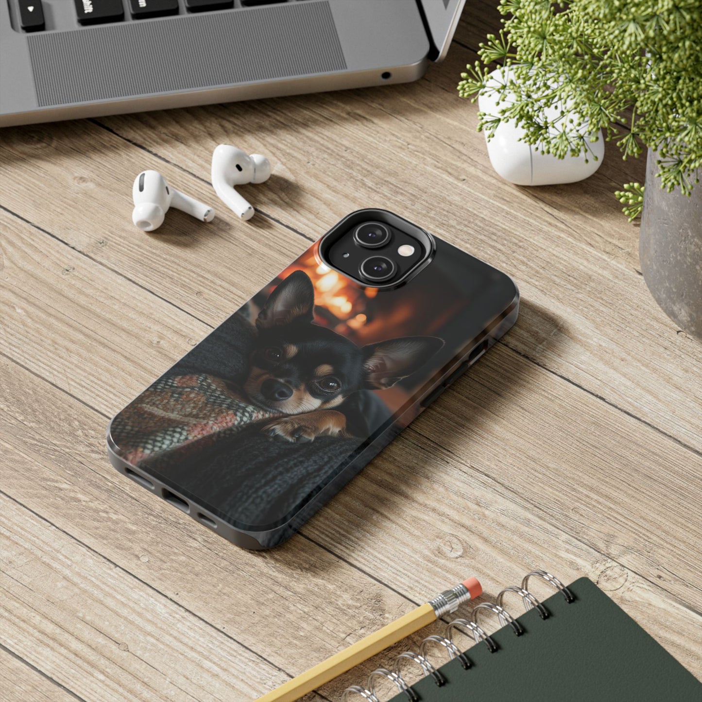 Cozy Chihuahua Fireplace iPhone Case – Warm and Stylish Design