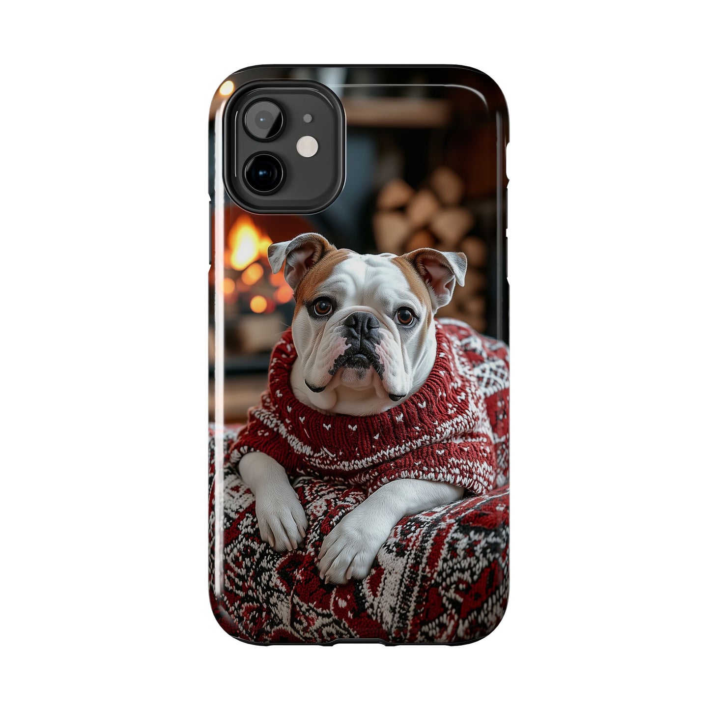 Cozy Bulldog in Sweater iPhone Case – Festive Fireplace Protective Cover