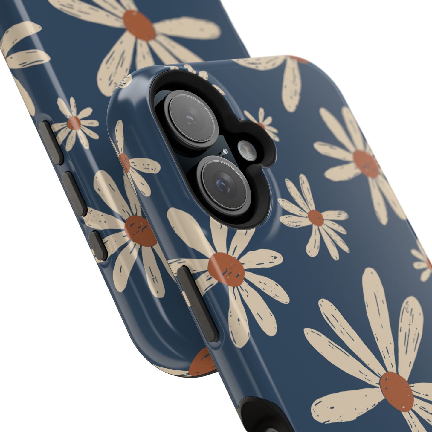 Vintage Daisies MagSafe iPhone Case – Navy Blue Floral Design, Scratch-Resistant with Shock-Absorbing Bumper