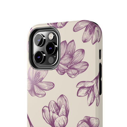 Vintage Botanical Floral Tough iPhone Case – Hand - Drawn Purple Flowers, Shockproof Design - BOGO Cases