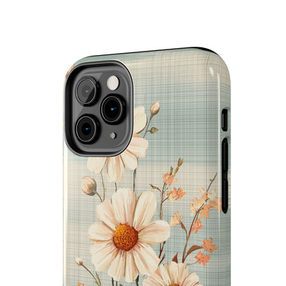 Vintage Plaid & Daisy Floral Tough iPhone Case – Dual-Layer Protection with Retro Flower Design