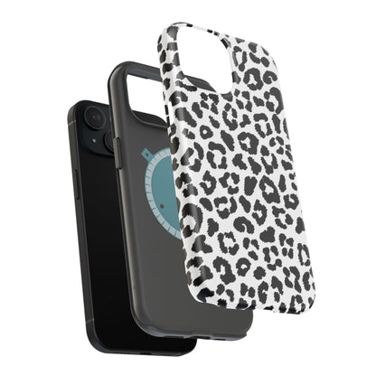 Monochrome Leopard Print Tough MagSafe iPhone Case – Classic Black and White Design with Dual-Layer Protection