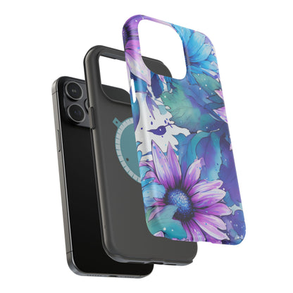 Purple & Teal Watercolor Floral MagSafe iPhone Case - Artistic Flower Design