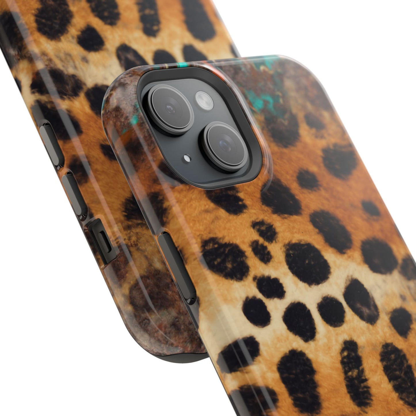 Rustic Leopard Print Tough MagSafe iPhone Case – Distressed Turquoise and Animal Pattern with Dual-Layer Protection