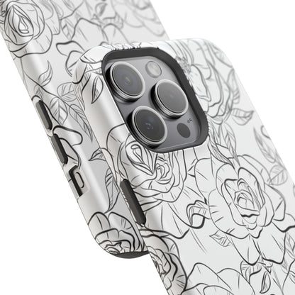 Monochrome Rose Garden Tough MagSafe iPhone Case – Elegant Floral Line Art with Dual-Layer Protection