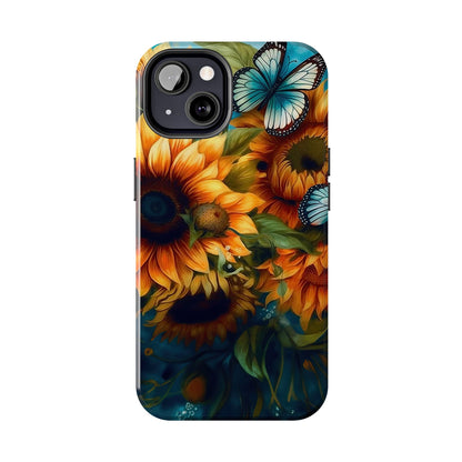 Aqua Blue Butterfly & Sunflower Art – iPhone Case