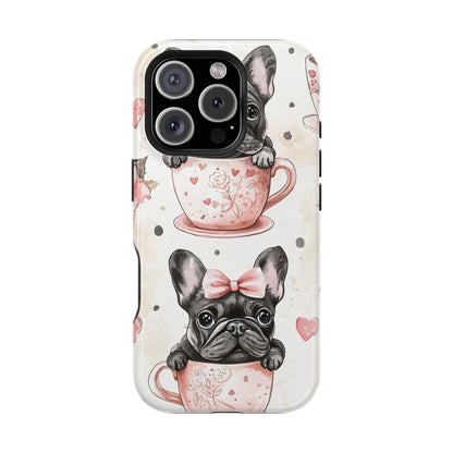 French Bulldogs in Teacups MagSafe iPhone Case – Cute Dog Design with Hearts & Bows, Shockproof & Slim