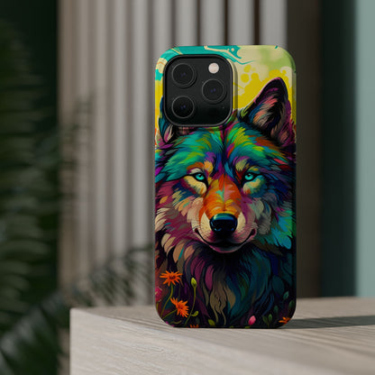 Rainbow Wolf in Bloom – MagSafe iPhone Case with Nature-Inspired Design