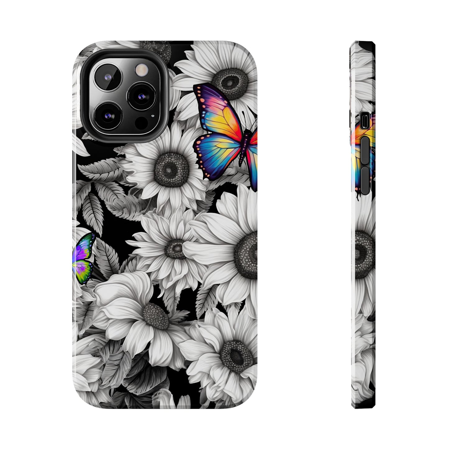 Rainbow Butterflies & Monochrome Sunflowers – iPhone Case