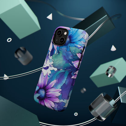 Purple & Teal Watercolor Floral MagSafe iPhone Case - Artistic Flower Design