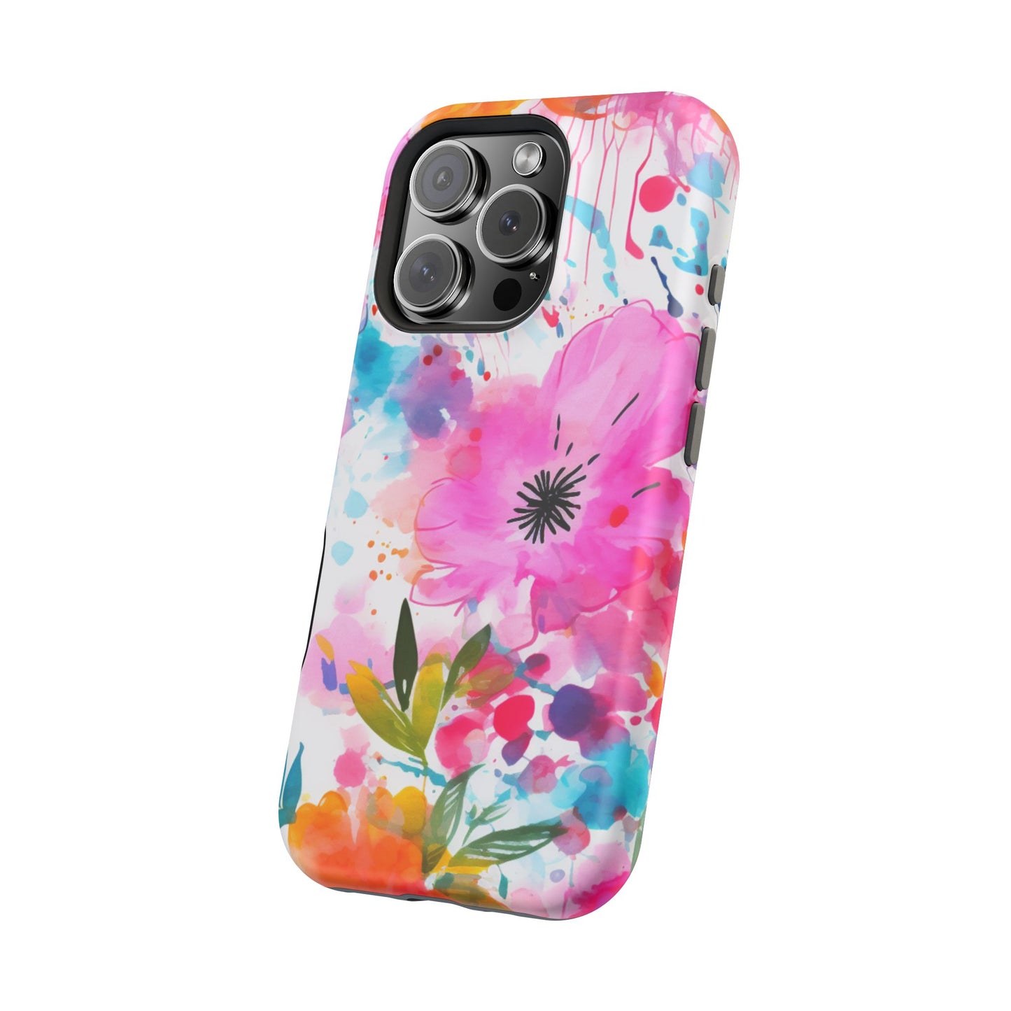 Color Splash Pink & Orange Watercolor Floral - MagSafe iPhone Case