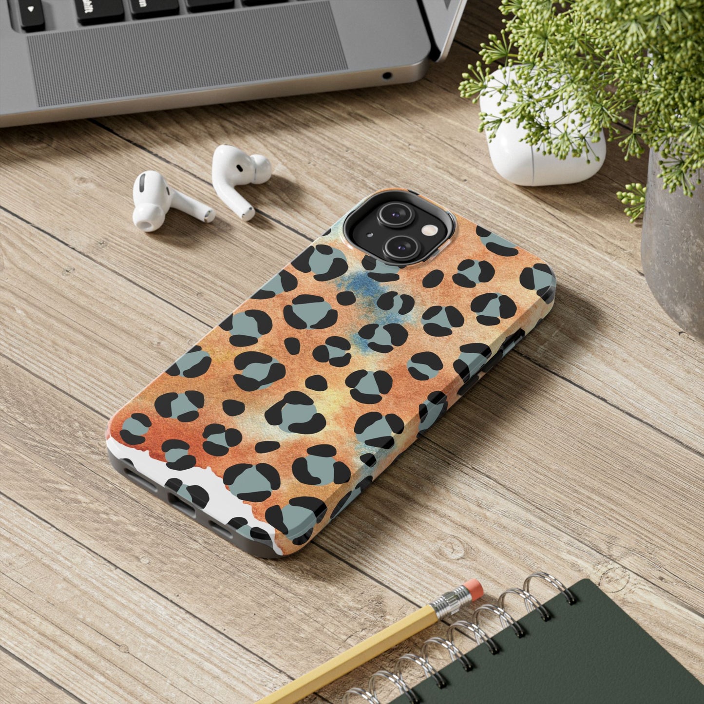 Sunset Watercolor Leopard Print Tough iPhone Case – Artistic Animal Pattern with Dual-Layer Protection